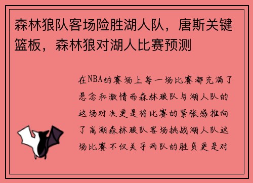 森林狼队客场险胜湖人队，唐斯关键篮板，森林狼对湖人比赛预测