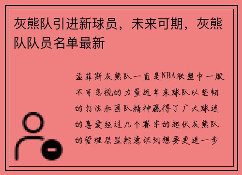 灰熊队引进新球员，未来可期，灰熊队队员名单最新