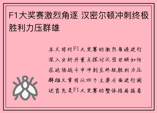 F1大奖赛激烈角逐 汉密尔顿冲刺终极胜利力压群雄