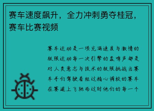 赛车速度飙升，全力冲刺勇夺桂冠，赛车比赛视频