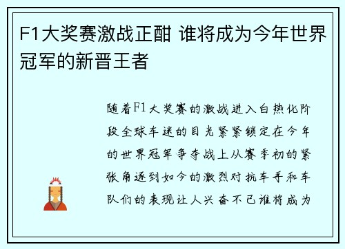 F1大奖赛激战正酣 谁将成为今年世界冠军的新晋王者 F1大奖赛激战正酣 谁将成为今年世界冠军的新晋王者