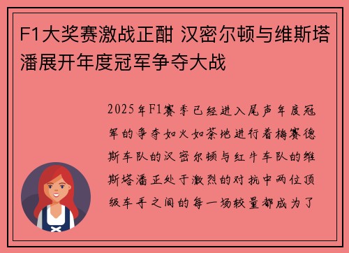 F1大奖赛激战正酣 汉密尔顿与维斯塔潘展开年度冠军争夺大战 F1大奖赛激战正酣 汉密尔顿与维斯塔潘展开年度冠军争夺大战